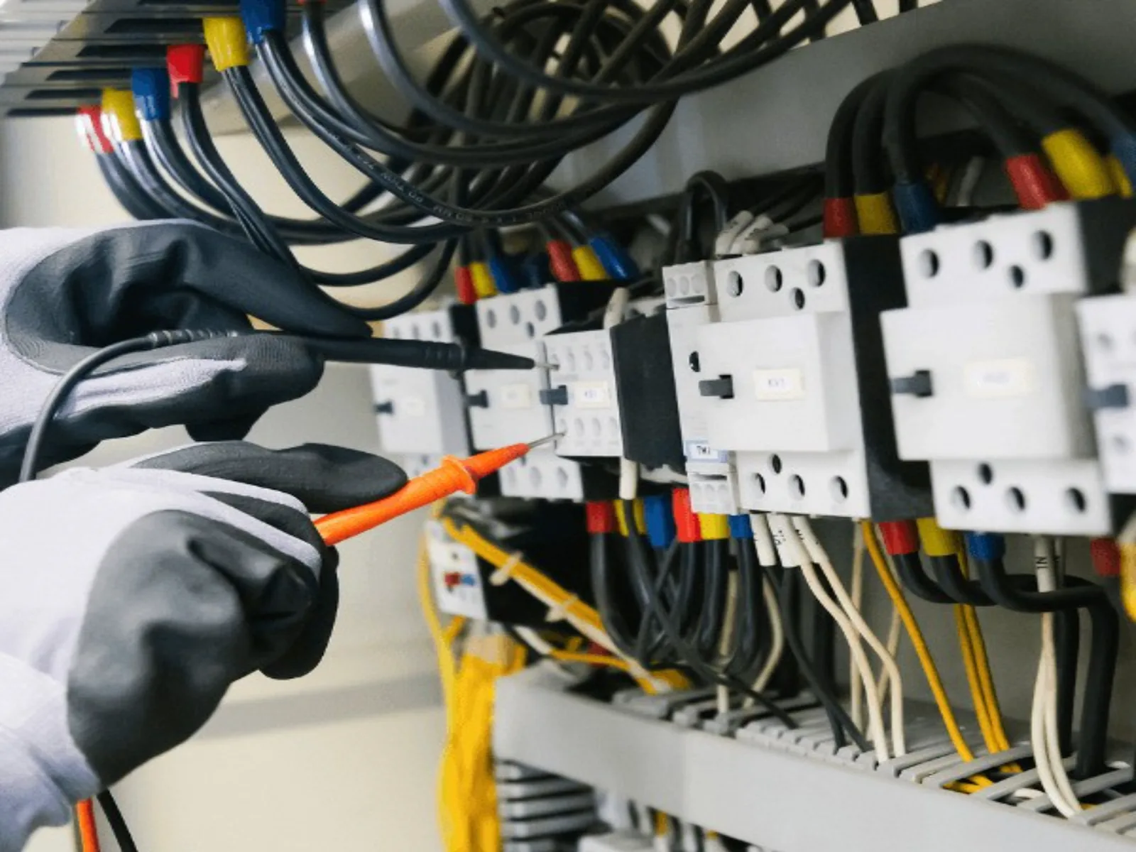 Gehandschoende technicus voert een elektrische meting uit